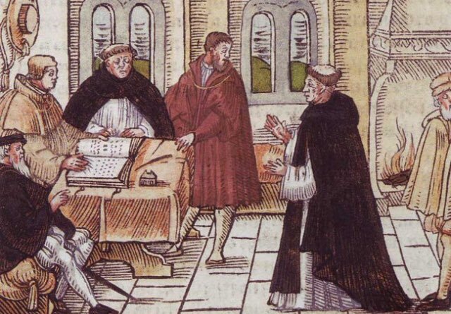 Đức Hồng y Cajetan (trái) gặp gỡ linh mục Martin Luther (phải). Tranh: TL 