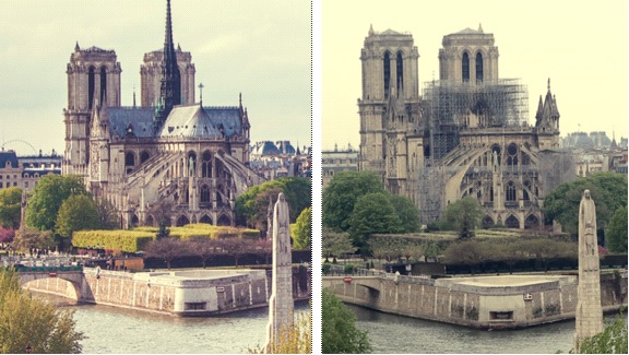 Hình ảnh nhà thờ Đức bà Paris trước và sau thảm họa “bão lửa”. Ảnh: Bá Di Ảnh: Mạnh Cường Ảnh: CTV