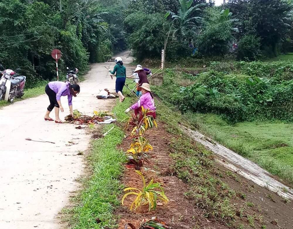 Đông đảo bà con có đạo ở Bình Lâm, Hiệp Đức tham gia trồng cây xanh trên các tuyến đường để tạo cảnh quan. Ảnh: CTV