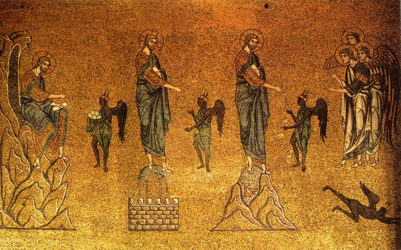 Bức tranh khảm từ thế kỷ XII ở Vương cung thánh đường Thánh Máccô tại Venezia, Ý, “Chúa Giêsu chịu sự cám dỗ” là một câu chuyện Kinh thánh được trình bày chi tiết trong các sách Phúc âm của Matthêu. 