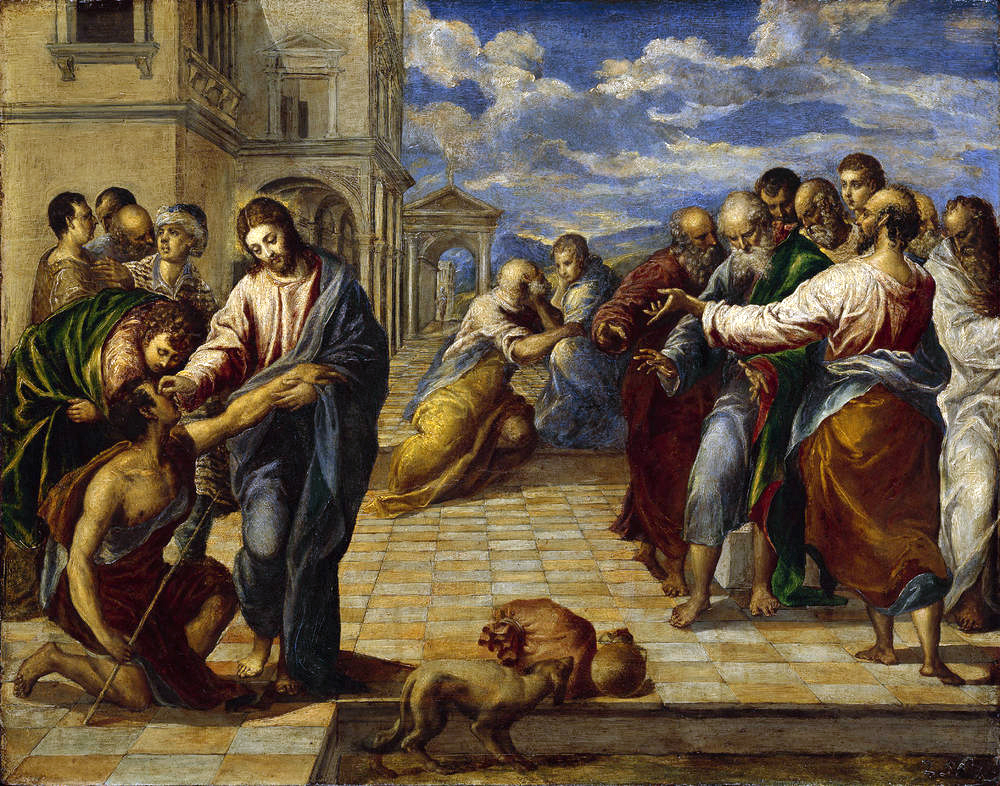 Đức Giêsu chữa lành người mù từ thuở mới sinh, tranh của họa sỹ El Greco năm 1567.	