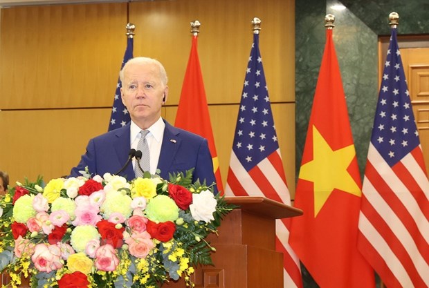 Tổng thống Hoa Kỳ Joe Biden phát biểu tại cuộc họp báo chung. 