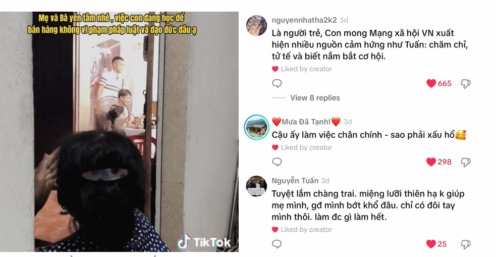 Mẹ của Đồng Văn Tuấn theo dõi con trai bán hàng livestream (bên trái) và các bình luận về hình ảnh này 