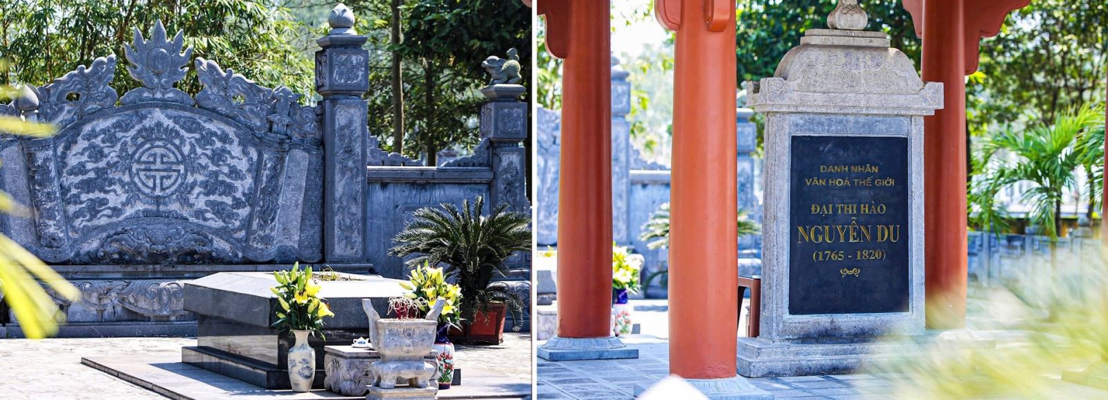 Cách Khu di tích khoảng 2km là lăng mộ của Đại thi hào Nguyễn Du nằm ở cánh đồng Cùng (thị trấn Tiên Điền, huyện Nghi Xuân). Sau nhiều năm tôn tạo, lăng mộ có 3 phần là bàn thờ, mộ và vườn trái cây. Bia đá đề dòng chữ "Danh nhân văn hóa thế giới - Đại thi hào Nguyễn Du". Mộ hình khối chữ nhật, cao 1,2m, rộng 1,3m, dài 2,3m. Ảnh: Cẩm Kỳ
