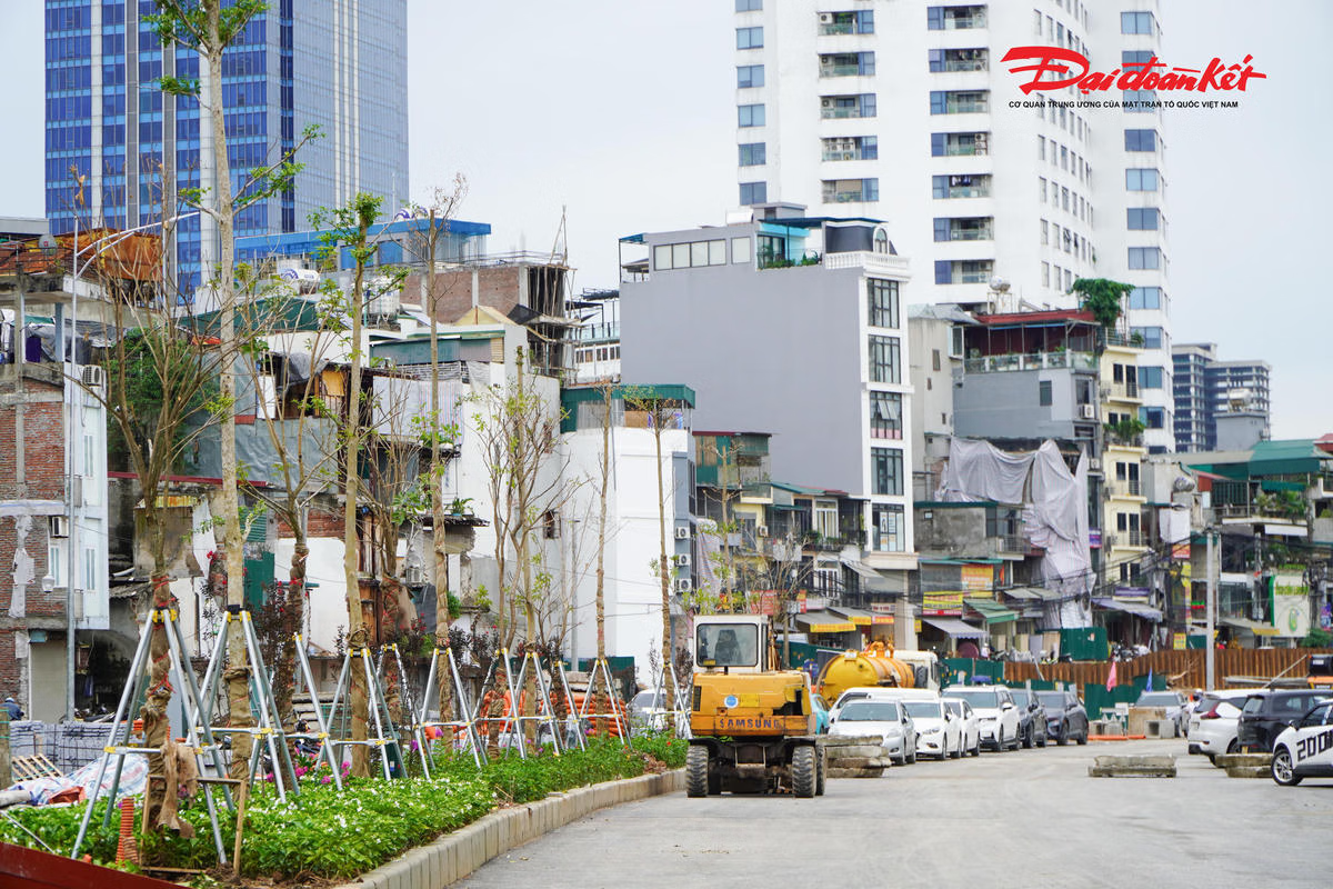 Dự án Vành đai 1 khu vực từ đền Voi Phục đến dốc Bệnh viện Phụ sản Hà Nội, dải phân cách trung tâm đang được trồng cây xanh, hoa và hoàn thiện cảnh quan, từng bước tạo diện mạo mới cho tuyến đường.